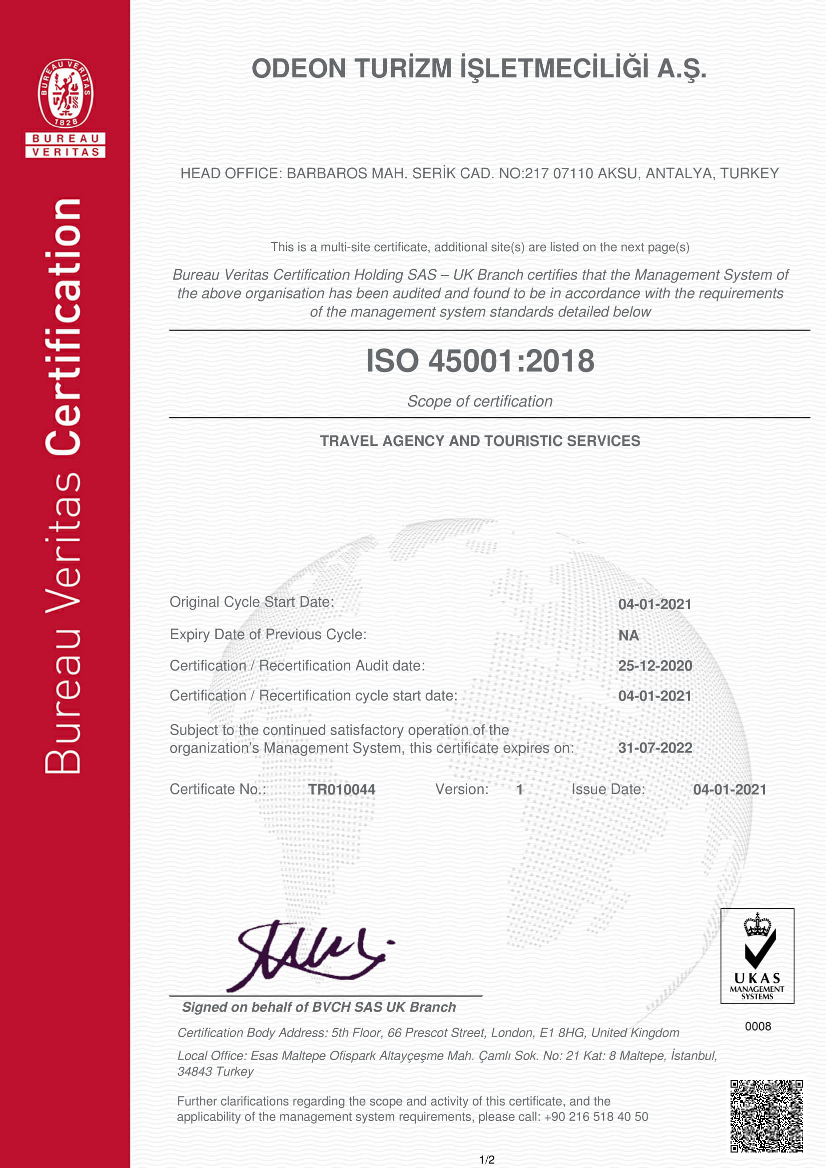 ISO 45001:2018 Occupational Health and Safety Management System Certificate
